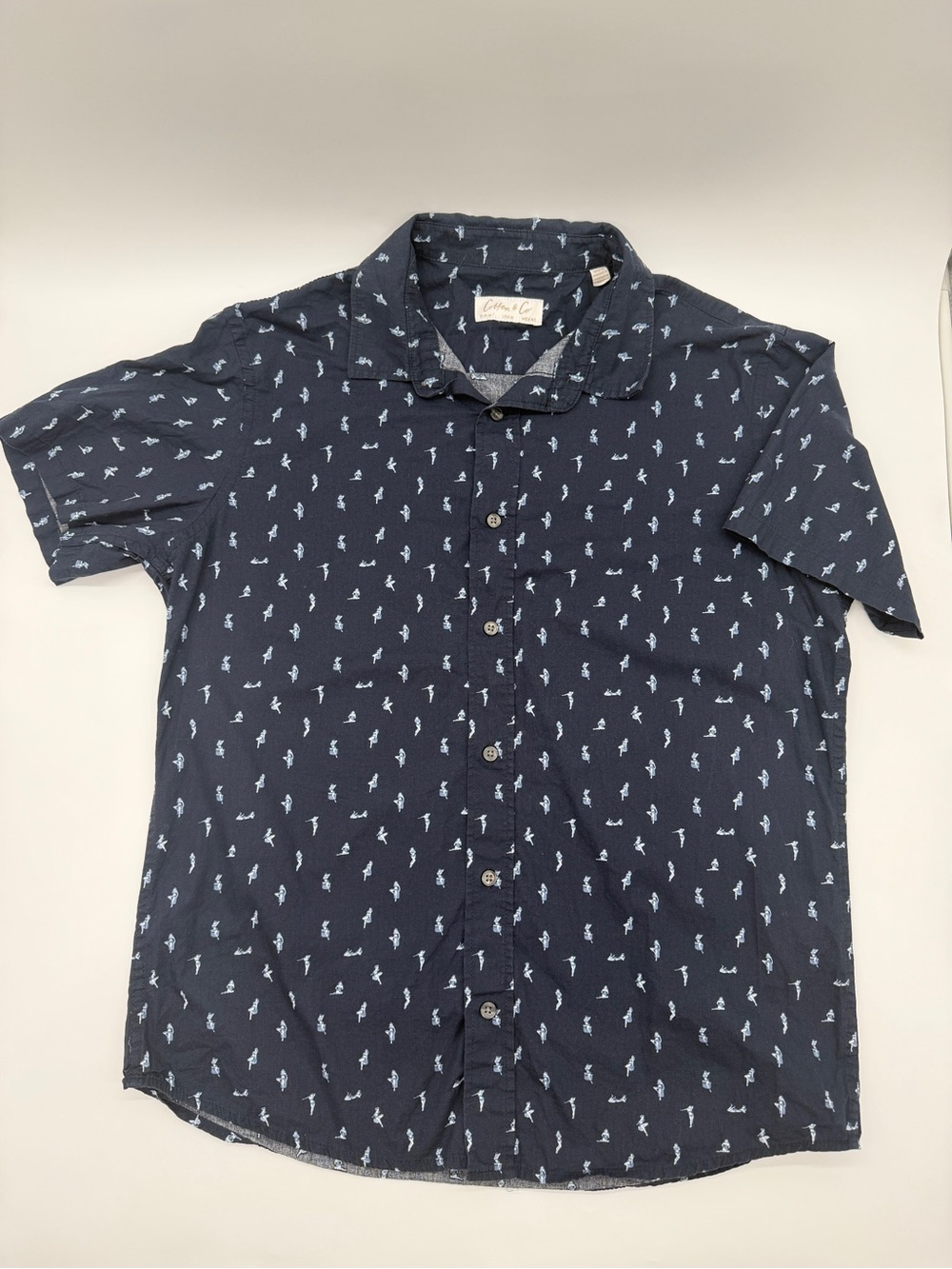 Men’s Short Sleeve Button Down Shirt Navy Blue Pin-Up Graphic size Medium